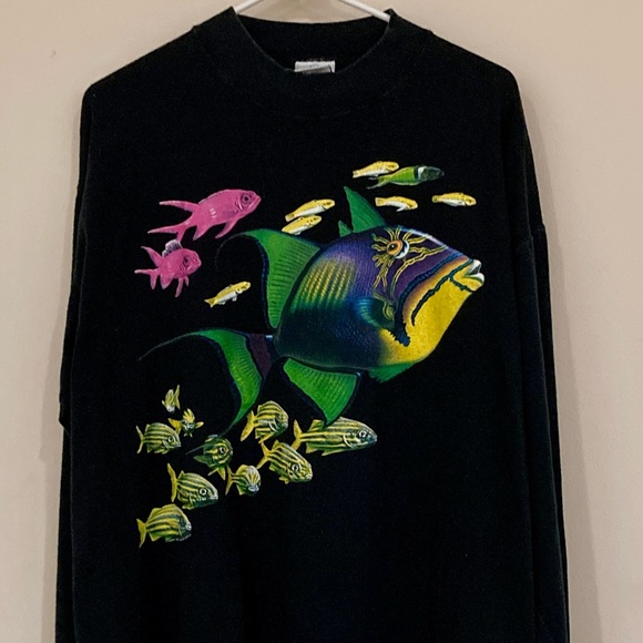 Vintage 90s Harlequin NG Nature Fish Aquatic Extinction Long Sleeve Tee - Picture 1 of 9